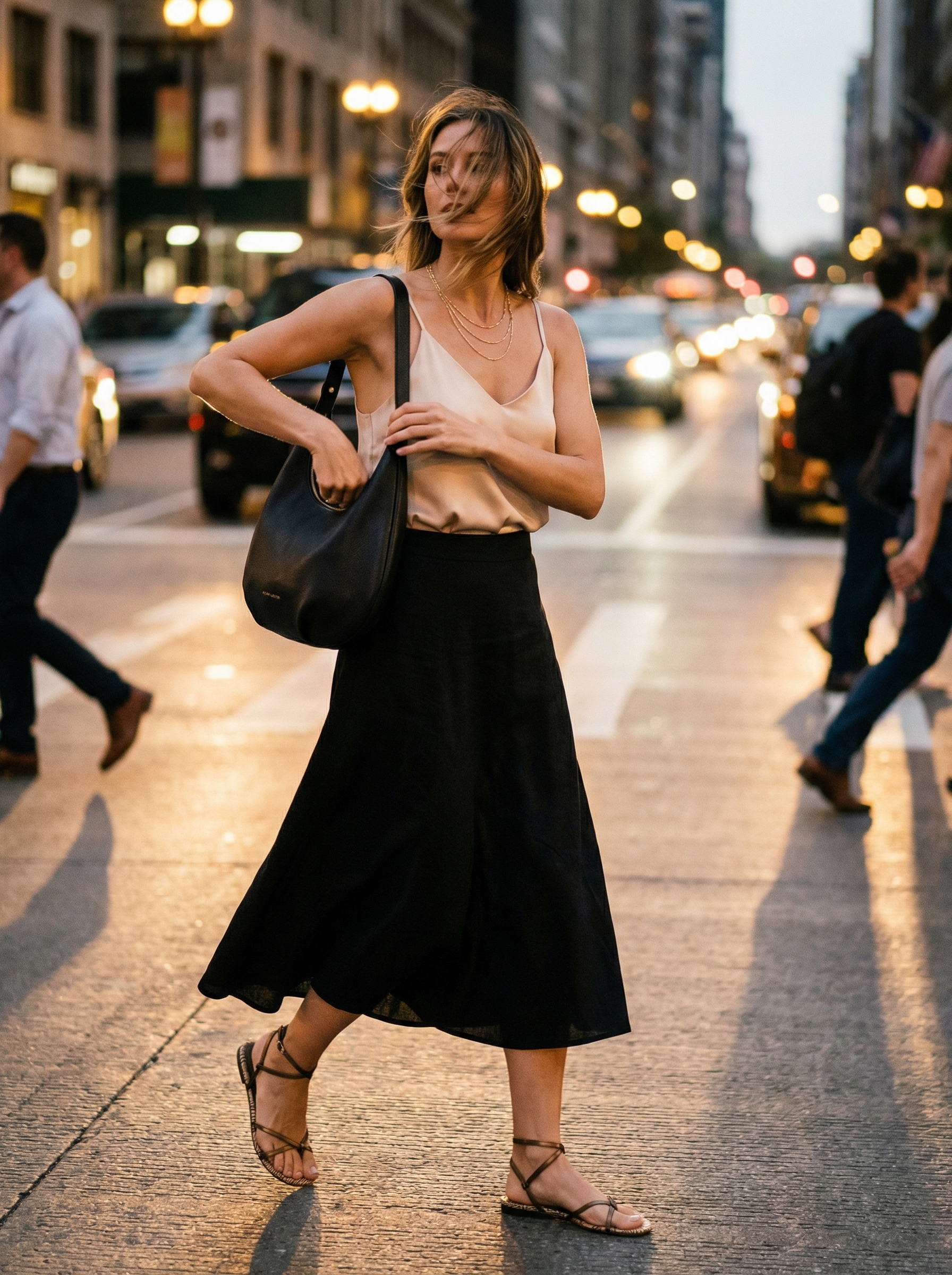 Understated Classy Summer Outfits 2024: Coastal Evening Breeze Relaxed classy summer outfit: black linen blend A-line midi skirt, cream silk camisole, metallic flat sandals, and layered gold necklaces for a coastal evening.
