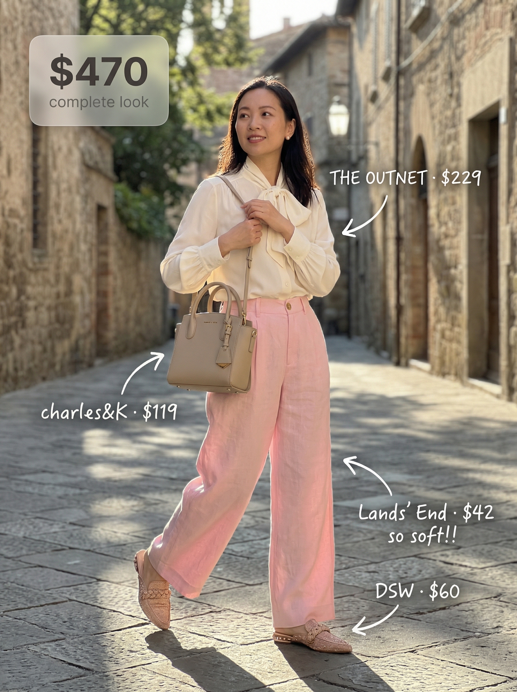 Classy Summer Outfits 2024: Polished Afternoon Tea Style Classy summer outfits ideal for afternoon tea. Blush pink wide-leg linen pants, a cream silk pussy-bow blouse, rose gold mules, and a beige mini bag create a refined look.