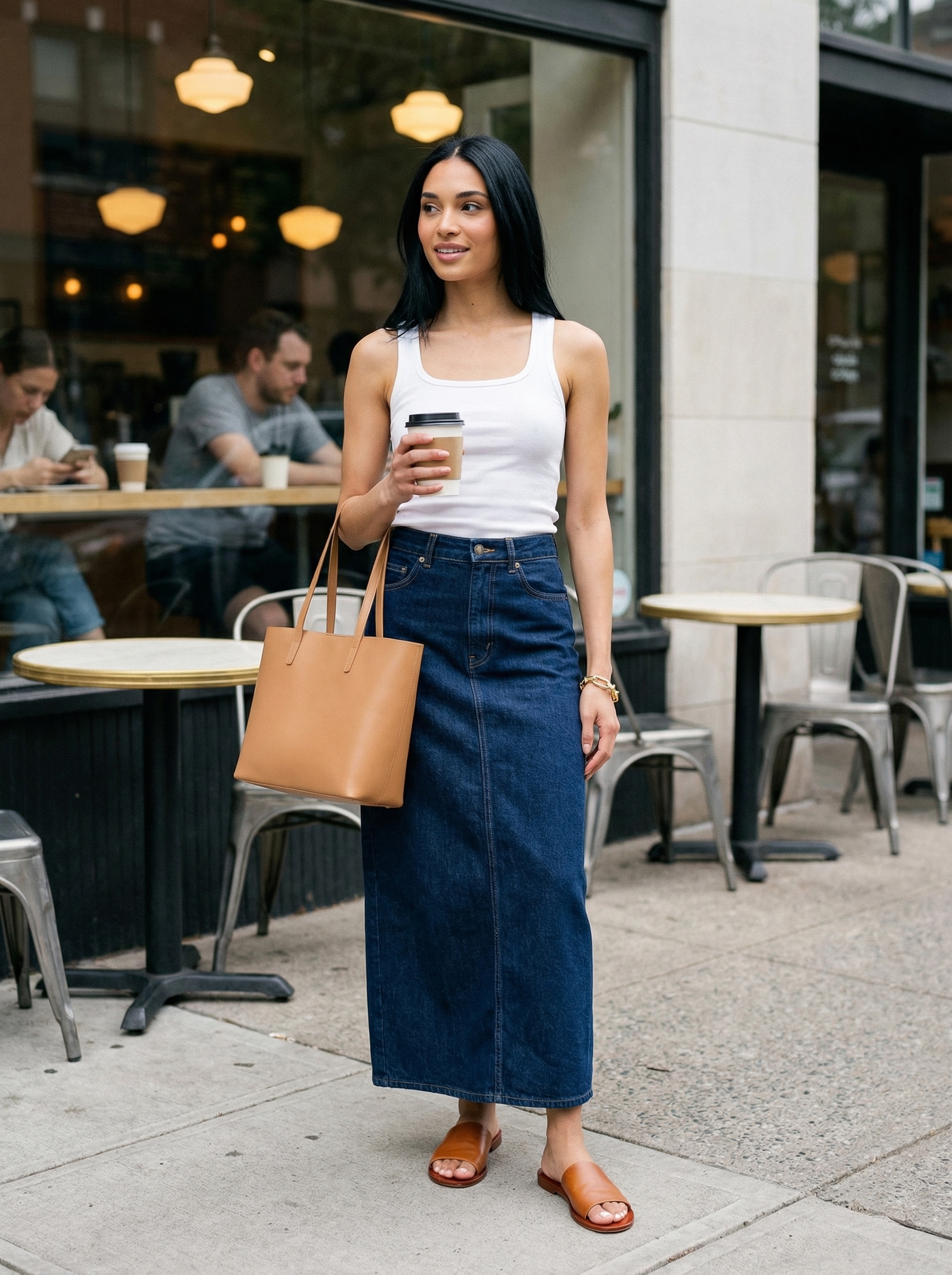 Classy Summer Outfits 2024: Urban Garden Getaway Sophisticated urban garden getaway: dark wash denim maxi skirt, white ribbed knit top, tan leather slide sandals, camel tote, and gold chain bracelet. Classy summer outfits.