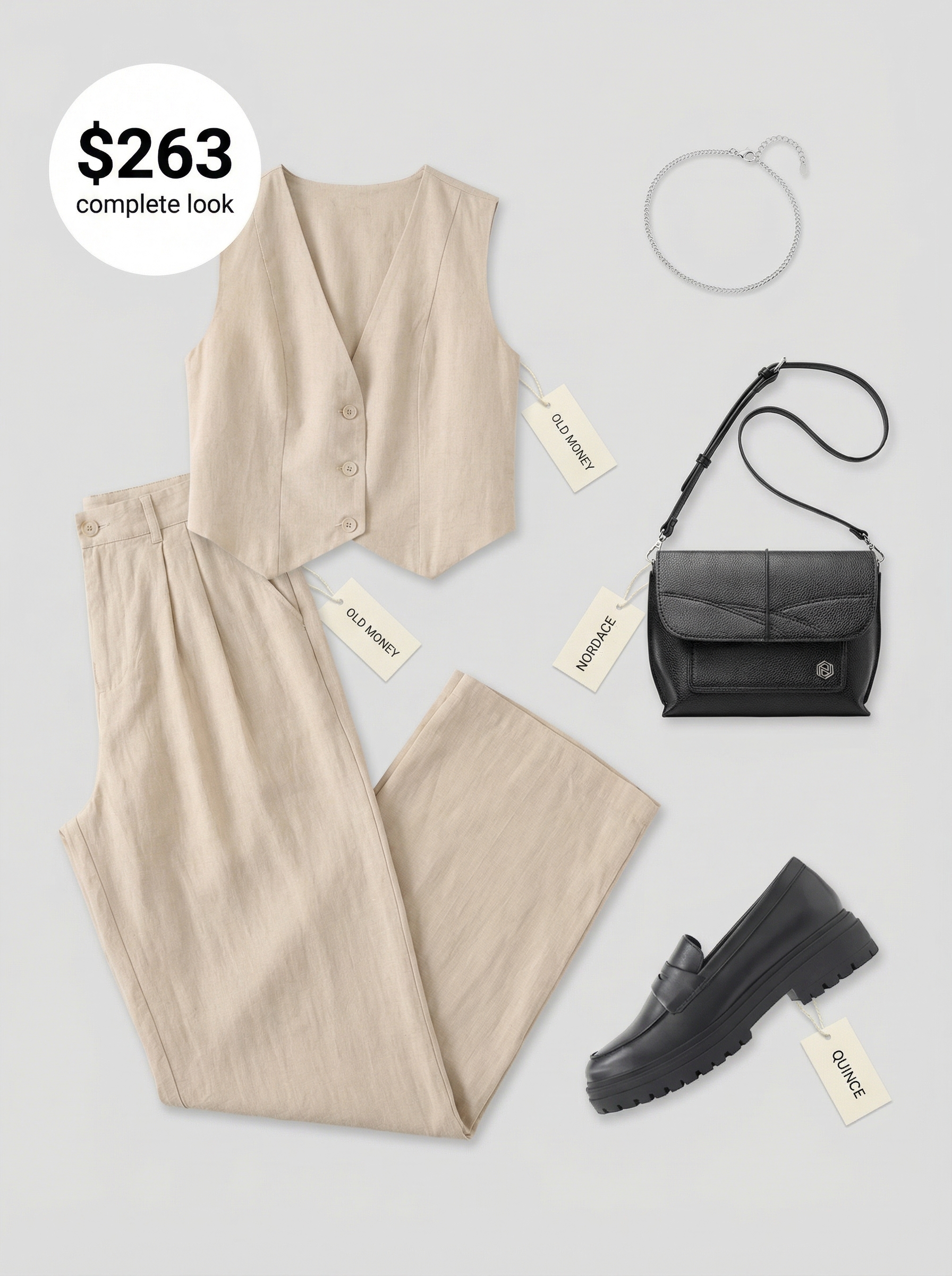Sophisticated Classy Summer Outfits 2024: City Stroll Co-ord Modern classy summer outfit: light grey linen blend tailored vest and trousers co-ord set, styled with black loafers, a crossbody bag, and silver bracelet.