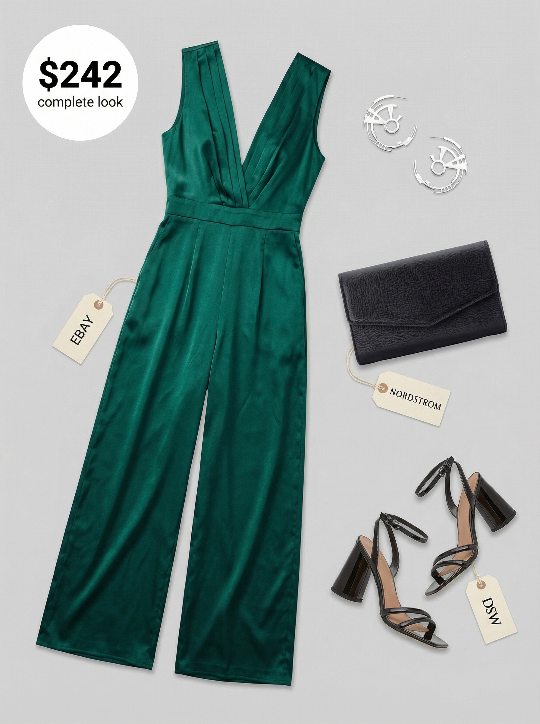 Stunning Classy Summer Outfits 2024: City Soiree Jumpsuit Sophisticated emerald green satin jumpsuit styled with black block heels and a clutch, creating a bold, classy summer outfit for evening events.