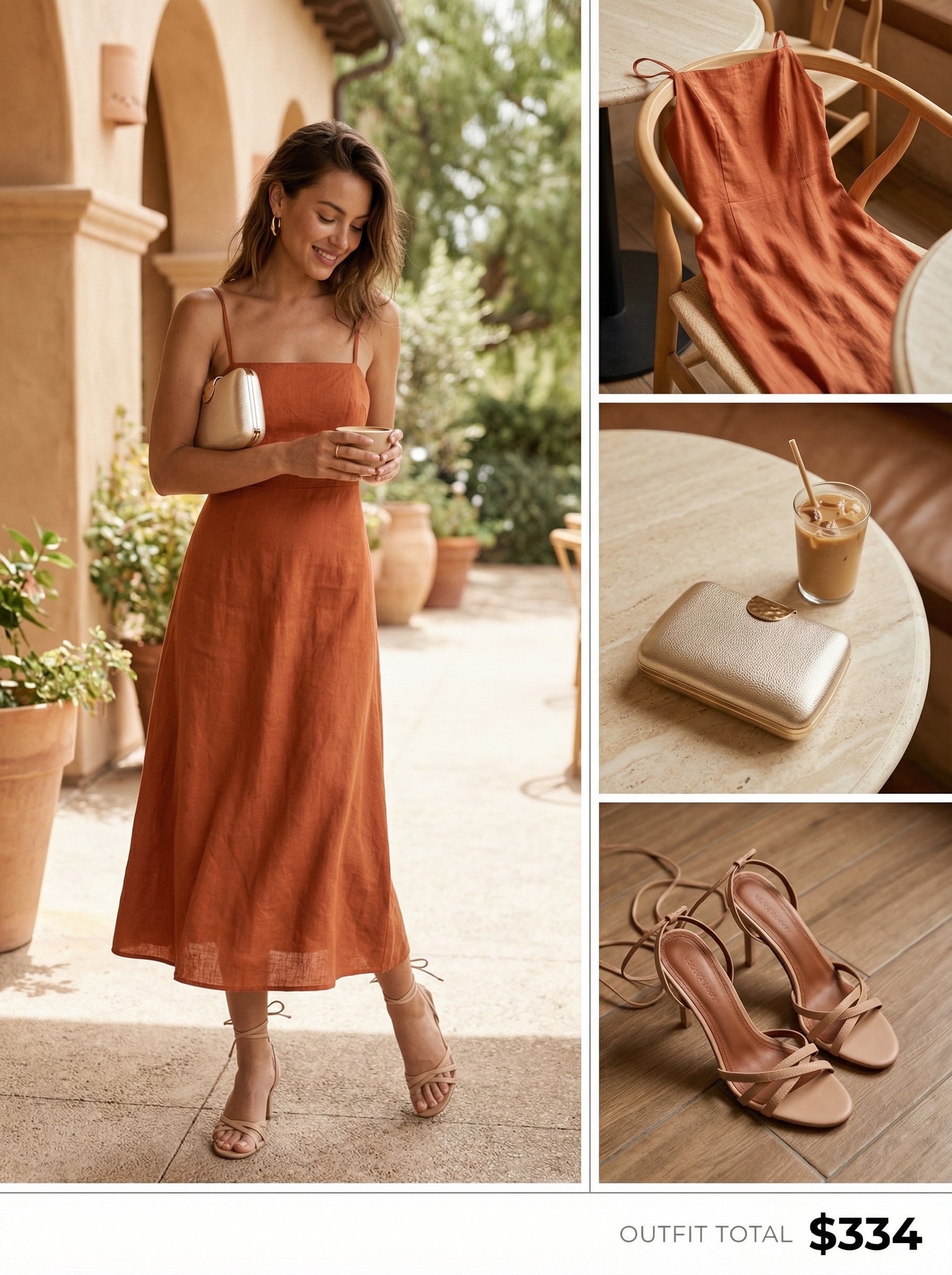 Modern Classy Summer Outfits 2024: Sunset Dining Two-Piece Modern classy summer outfit: terracotta two-piece cropped top and maxi skirt set, cream heeled sandals, and gold accessories for sunset dining.