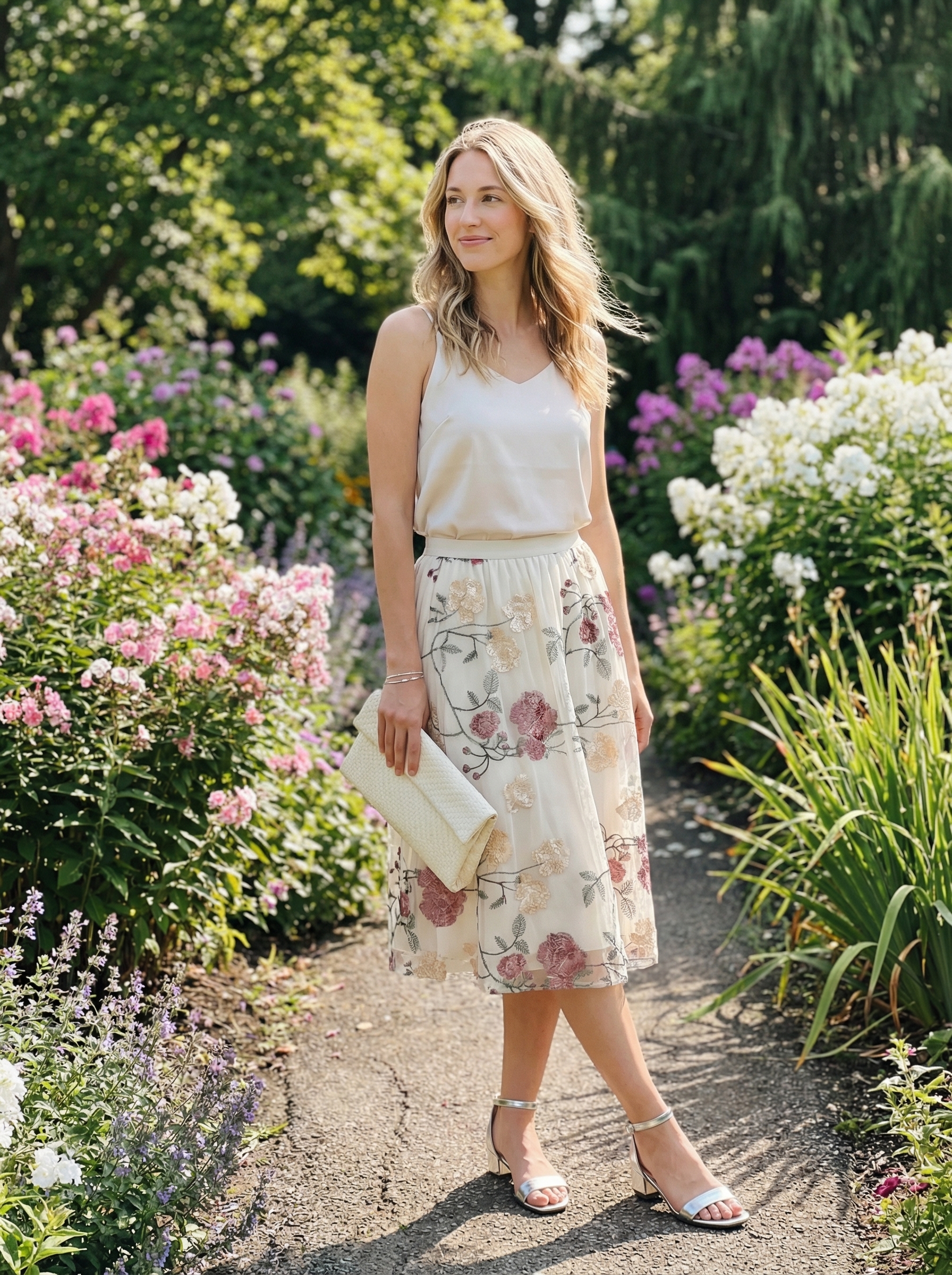 Garden Party Elegance: Classy Summer Outfits 2024 Classy summer outfit for a garden party featuring a dusty rose floral tiered midi skirt, cream satin camisole, and silver sandals.