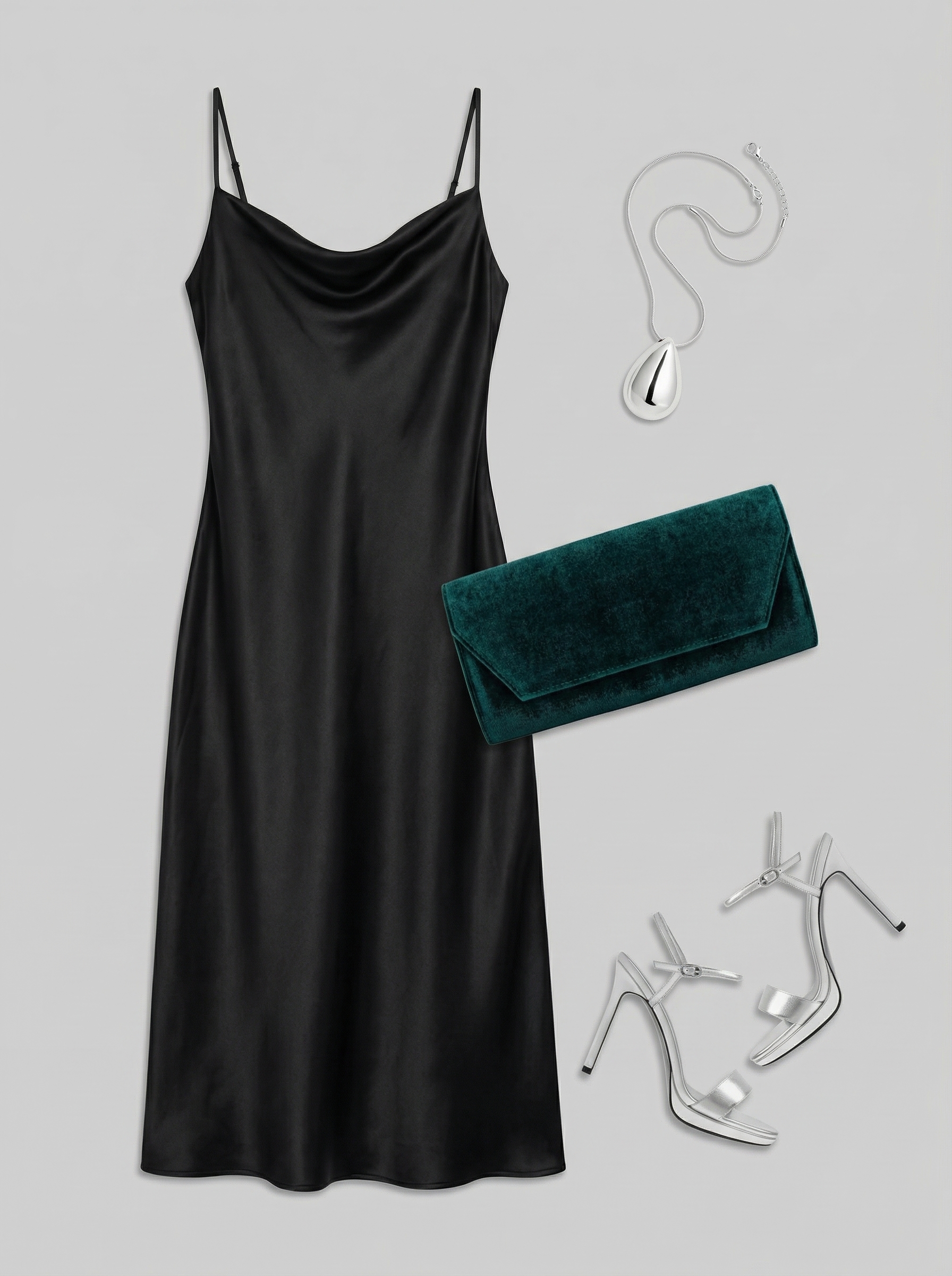 Sophisticated Classy Summer Outfits 2024: Art Deco Evening Dress Sultry classy summer outfit: black satin midi slip dress with silver strappy heels, emerald green velvet clutch, and delicate silver jewelry for an evening gala.
