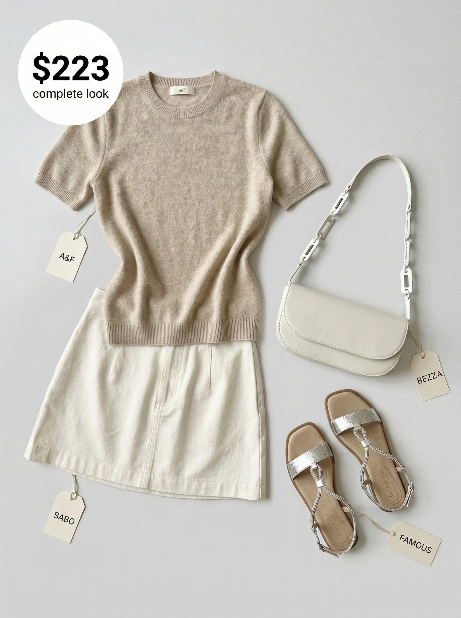 Classy Summer Outfits 2024: Polished Day Out Style Classy summer outfits for a polished day out. A crisp white A-line mini skirt, taupe fitted knit top, silver metallic sandals, and a structured white crossbody bag.
