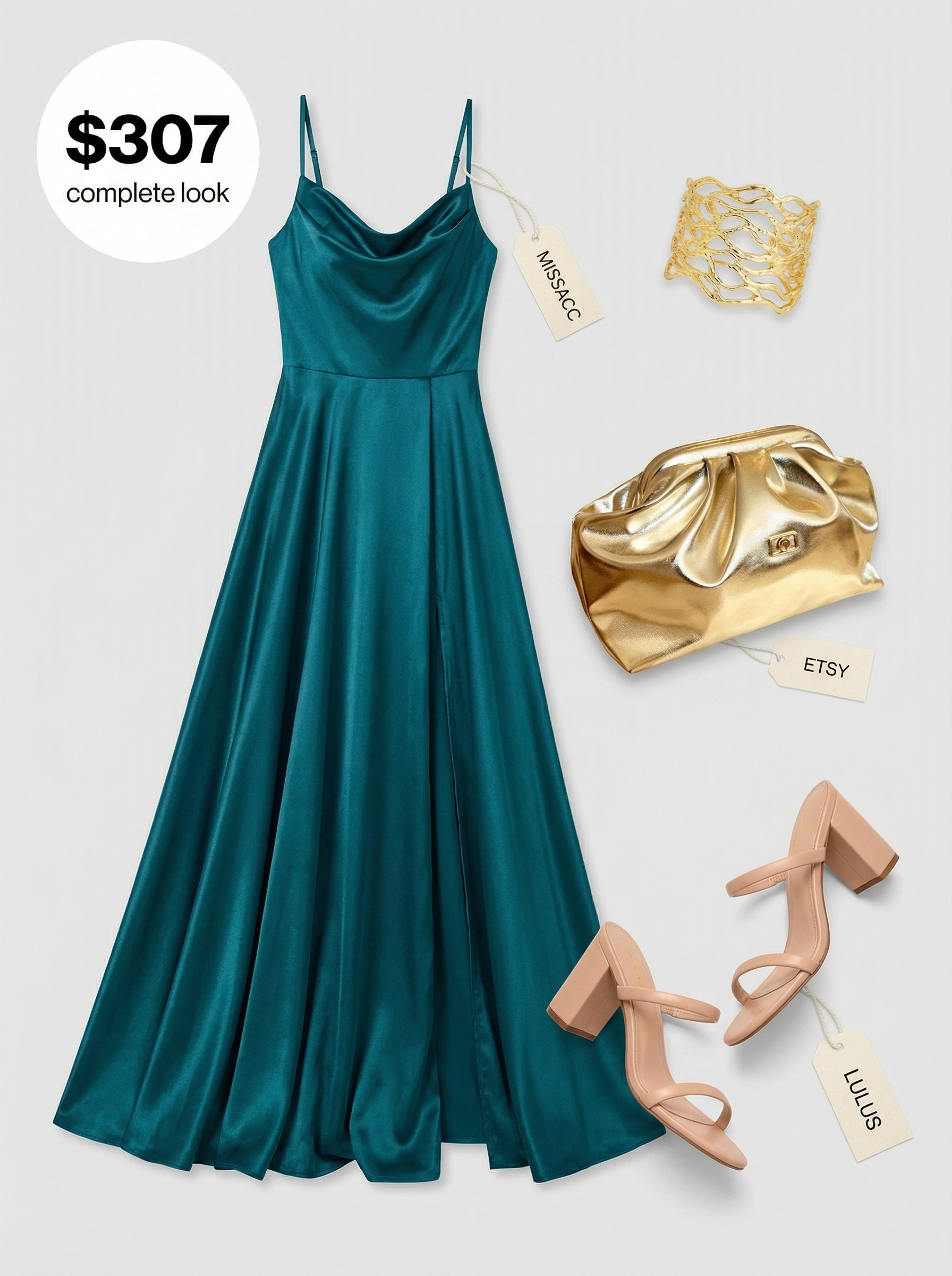 Summer Sunset Soiree: Classy Evening Outfits 2024 Classy summer evening outfit with a flowing deep teal satin maxi dress, nude block heels, and a metallic gold clutch for a party.