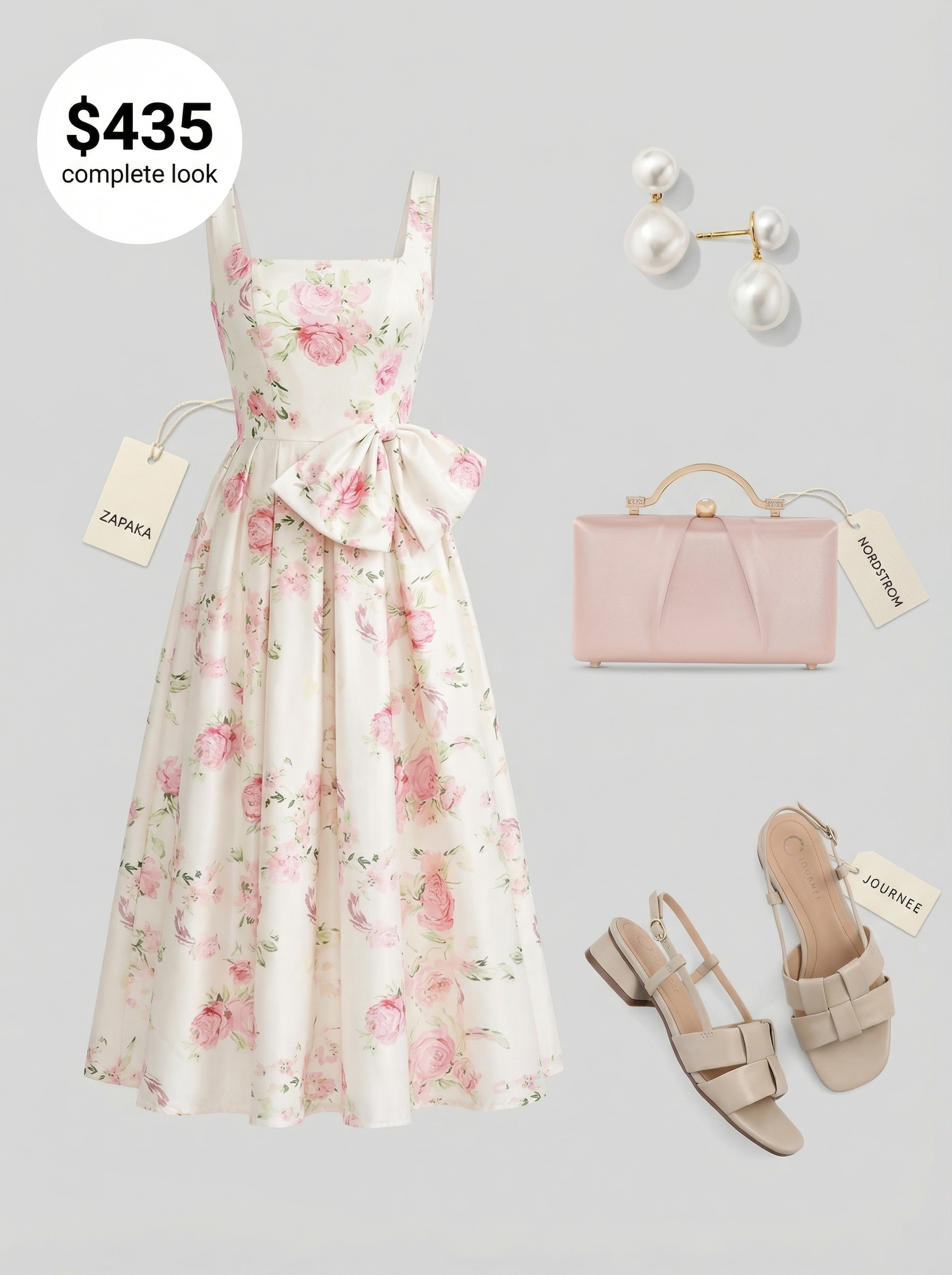 Classy Summer Outfits 2024: Elegant Garden Party Look Classy summer outfits for garden party glamour. A pink floral midi dress with puff sleeves, nude block heels, pearl drop earrings, and a pale pink clutch.