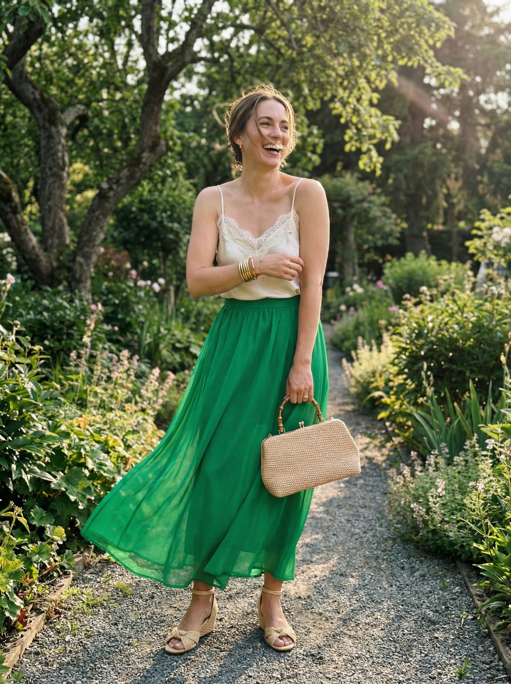 Effortless Classy Summer Outfits 2024: Boho Garden Gala Boho-chic classy summer outfit with an emerald green flowy maxi skirt, white lace-trimmed camisole, espadrille wedges, and a woven clutch for a garden gala.