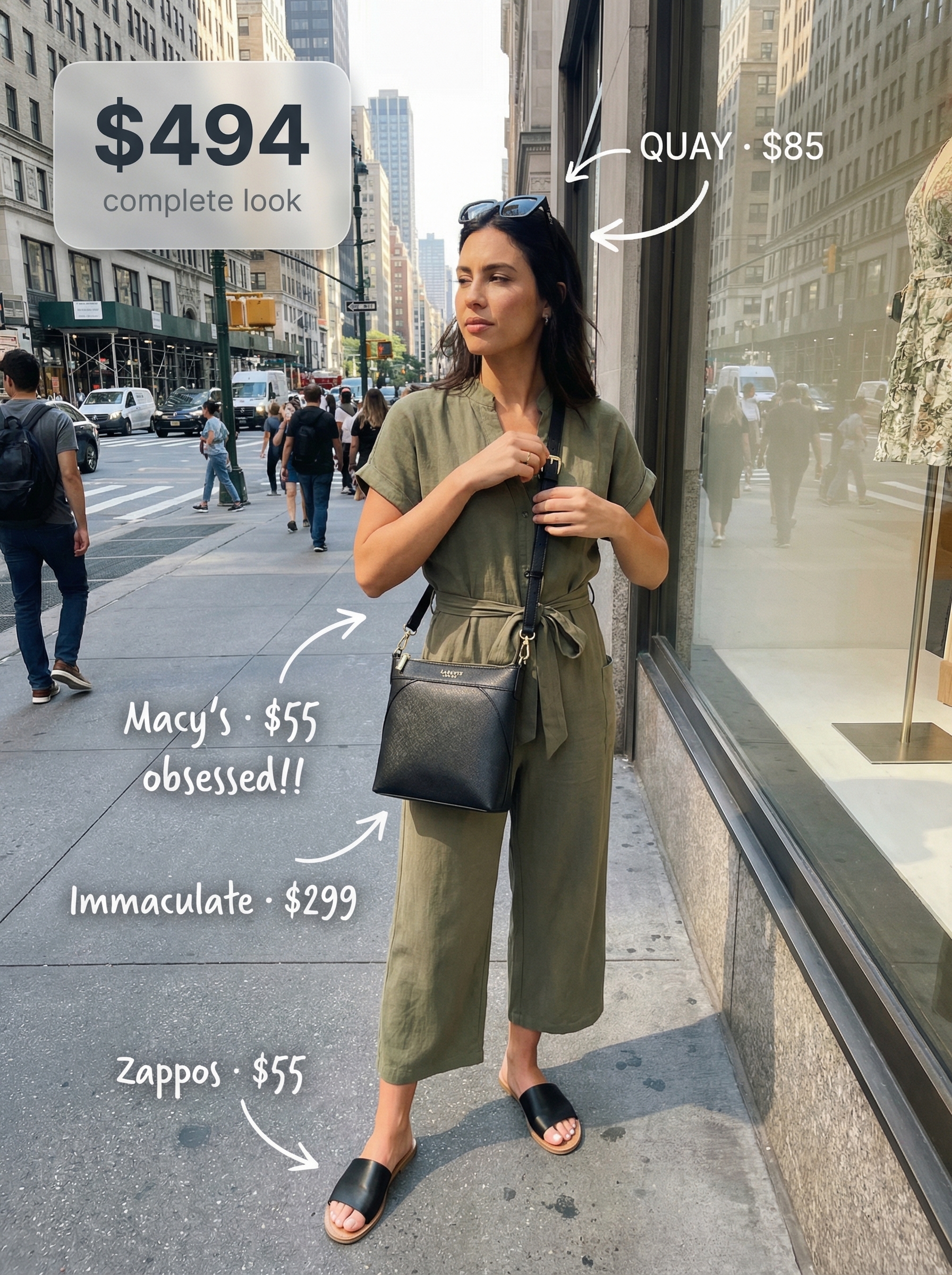 Classy Summer Outfits 2024: City Safari Jumpsuit Style Modern classy summer outfits for city exploration. A khaki green utility jumpsuit with a belt, black slide sandals, a structured black crossbody, and square sunglasses.