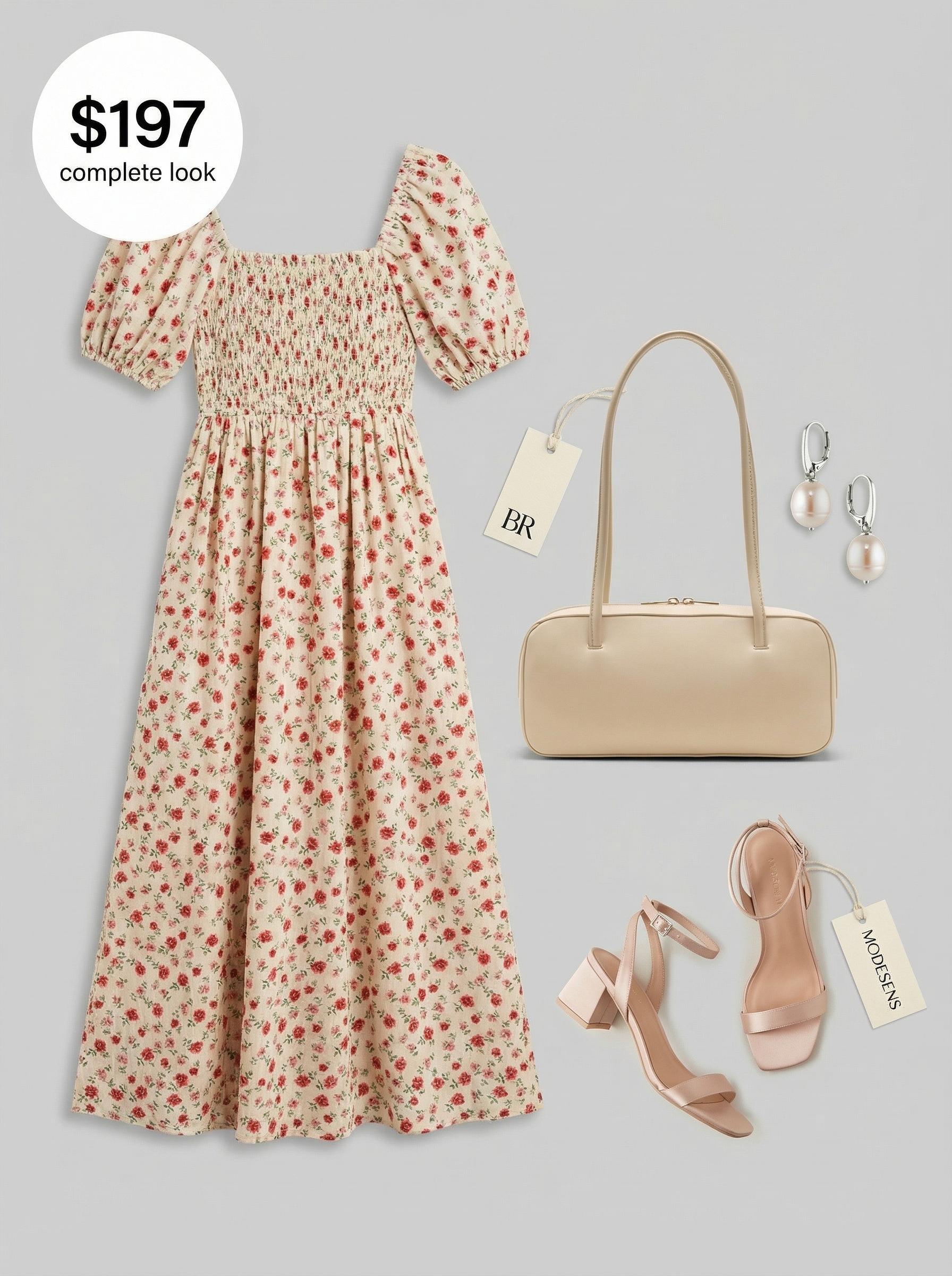 Classy Summer Outfits 2024: Romantic Garden Party Dress Romantic classy summer outfits for a garden party. An ivory and blush floral midi dress, blush block heels, pearl earrings, and an ivory top-handle bag.