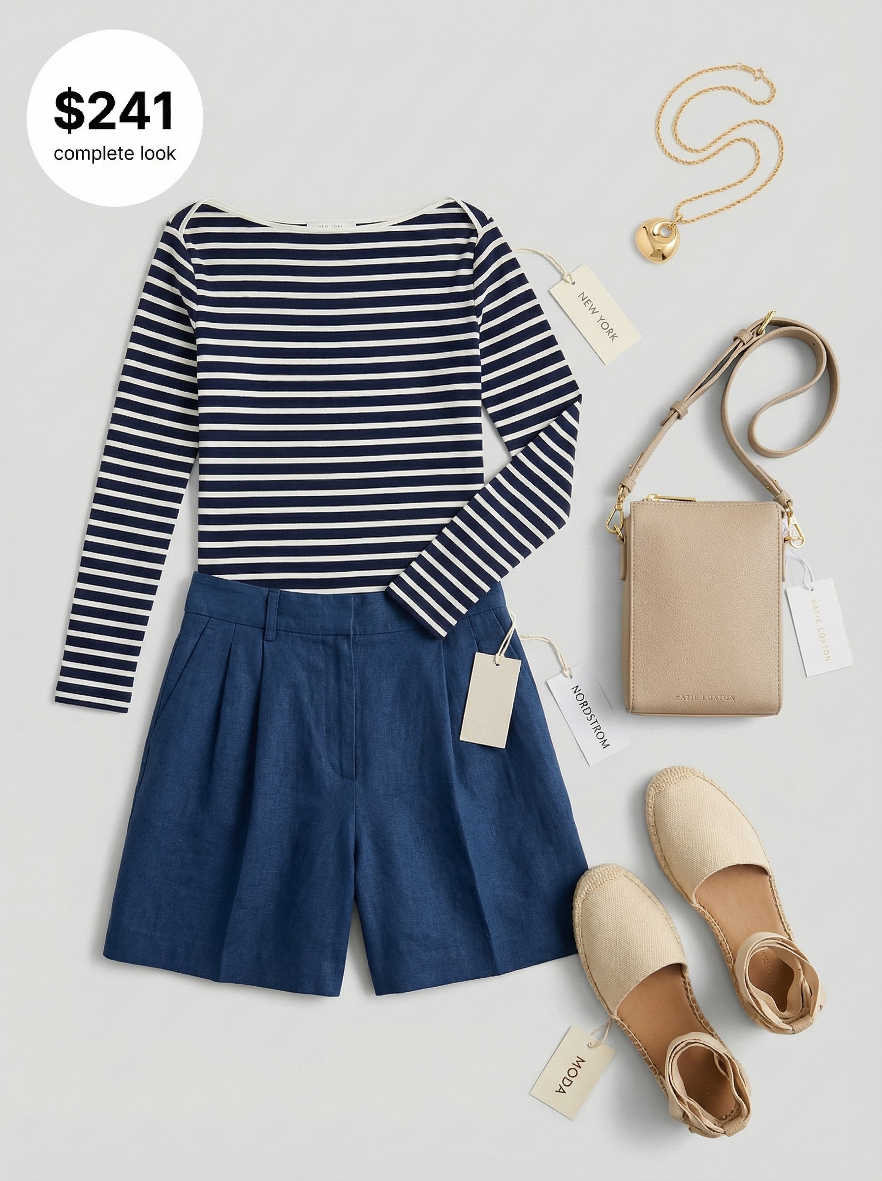 Classic Cobblestone Charm Europe summer outfit with a navy and white Breton stripe t-shirt, tailored navy linen shorts, espadrille flats, and a structured tan crossbody bag for city sightseeing.
