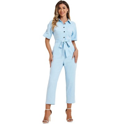 Inspire Chic Women's Short Sleeve Collared Button Down Tie Waist Cargo Jumpsuit