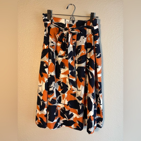 Banana Republic Abstract Print Tie-Waist Midi Skirt in Orange, Navy & White
