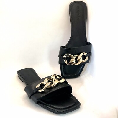 WOMEN'S BLACK VEGAN LEATHER SVEGAN SLIDE FLATS WITH GOLD CHAIN SZ 39 | eBay
